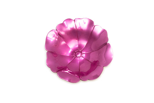 Vintage 1930s McClelland Barclay fuchsia pink flower-shaped decorative bowl with a glossy, reflective finish, Shown from a top-down view on a white background.