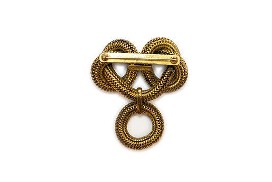 back view shows "McClelland Barclay" mark on gold tone coiled mesh brooch made between 1938 - 1943 by Rice-Weiner & Co.
