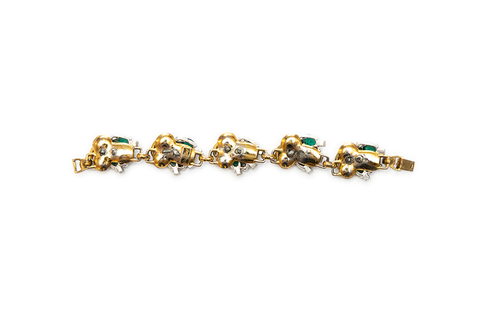 McCLELLAND BARCLAY Art Deco Gold Plated Leaves with Green and Clear Stones Bracelet