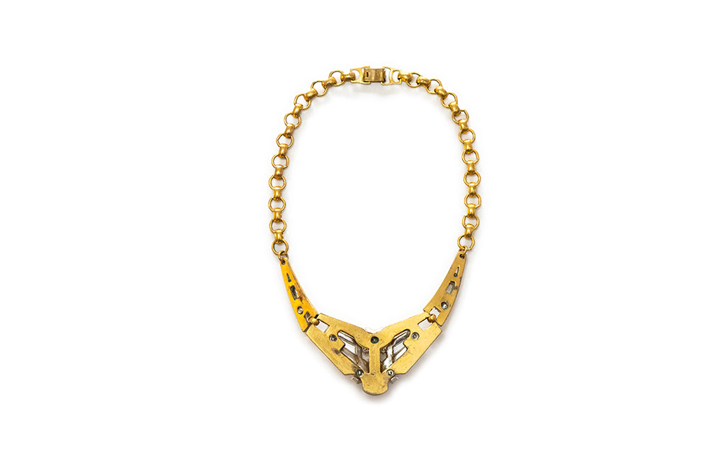 back view of vintage McCLELLAND BARCLAY Art Deco gold plated with yellow and clear rhinestones necklace