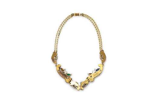 back view of rare MCCLELLAND BARCLAY Art Moderne gold plated with red, green, blue and clear rhinestone swirls necklace c. 1940