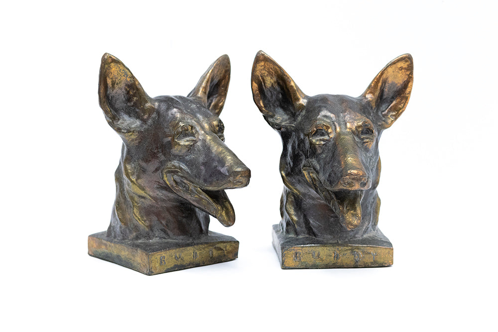 Buddy, the original seeing eye dog, bronze metal bookends are by McClelland Barclay Art Products Inc. from the 1930s