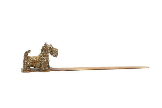 profile view of vintage 1930s bronze and copper plated terrier dog letter opener by McClelland Barclay
