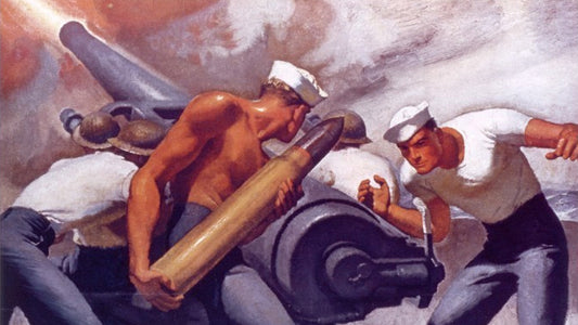 Detail view of Lt. Cmdr. McClelland Barclay's dramatic illustration for U.S. Navy recruiting poster during WWII shows idealized navy seamen loading a cannon aboard a ship, courtesy U.S. Naval History and Heritage Command