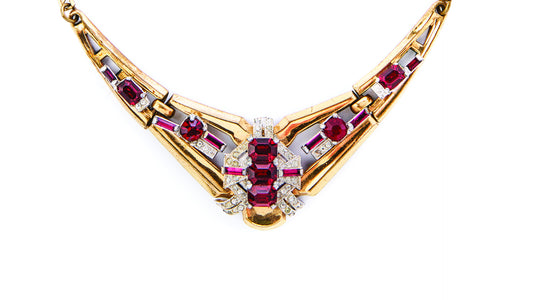 gold with ruby & clear rhinestone necklace signed McClelland Barclay made by Rice-Weiner & Co. 1938