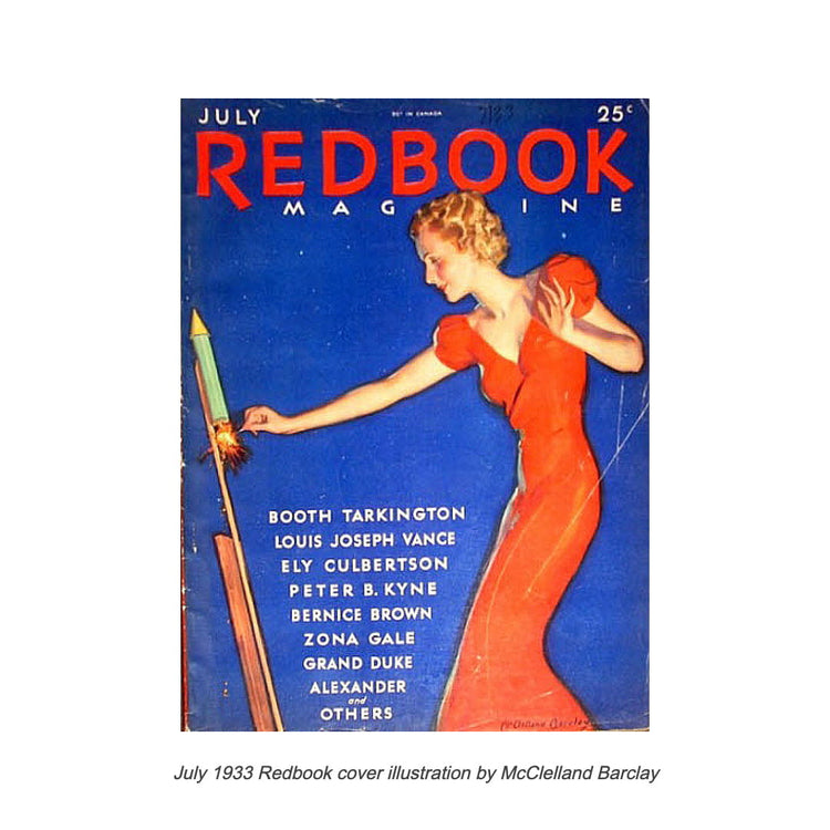 July 1933 Redbook Magazine cover illustration a woman in long red dress lights fireworks in the dark blue sky by McClelland Barclay