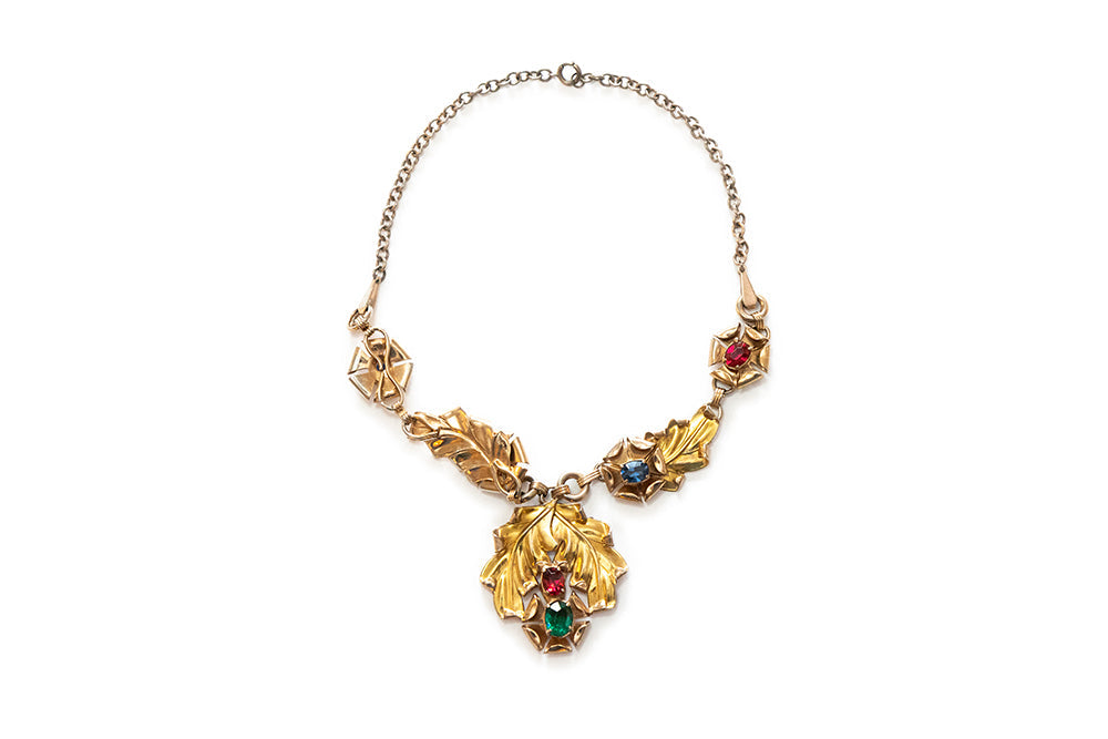 Vintage McClelland Barclay necklace of ulti-colour and clear rhinestones on gold-plated chain made between 1938-1943 