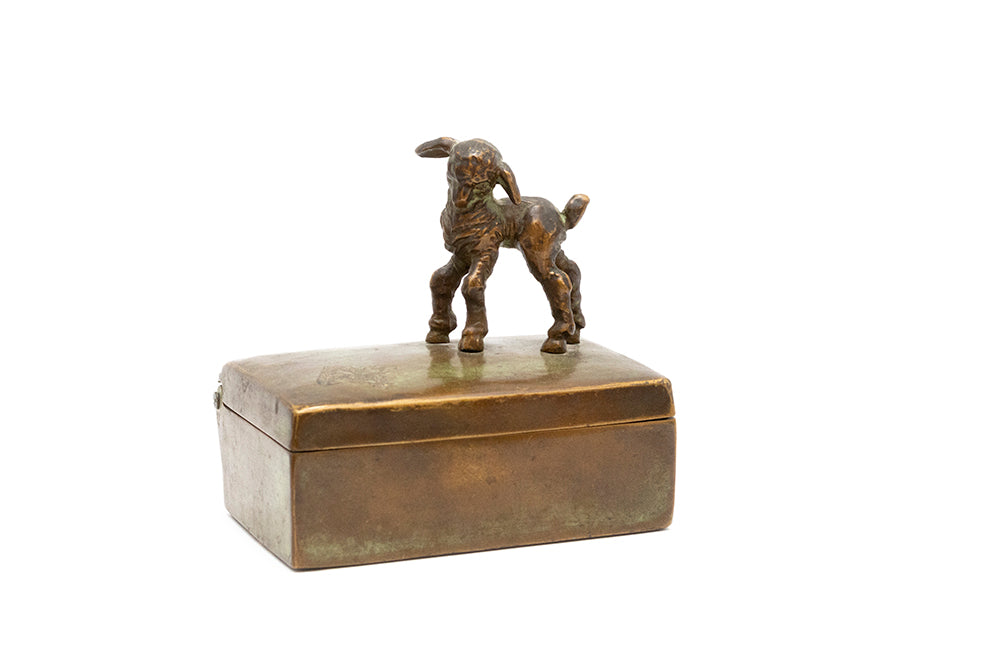 vintage McClelland Barclay bronze-plated metal cigarette or trinket box with lamb figurine