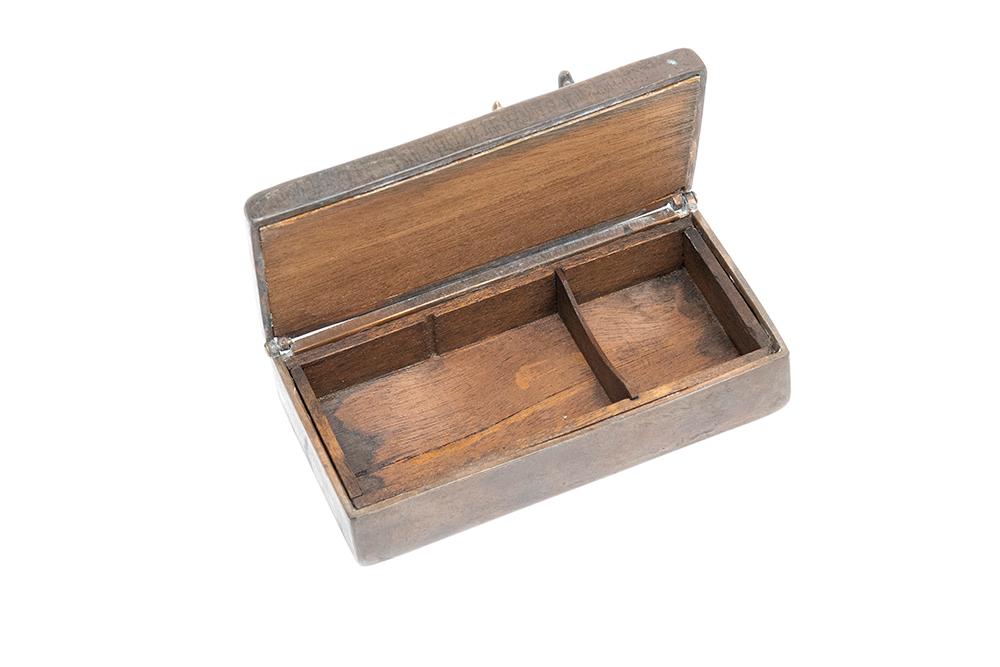 inside view shows wooden lining of McClelland Barclay love bird cigarette box