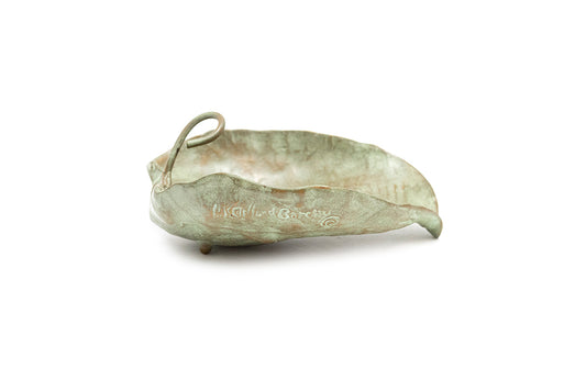 McClelland Barclay signature stamp on side of vintage 1930s green leaf dish with stem handle