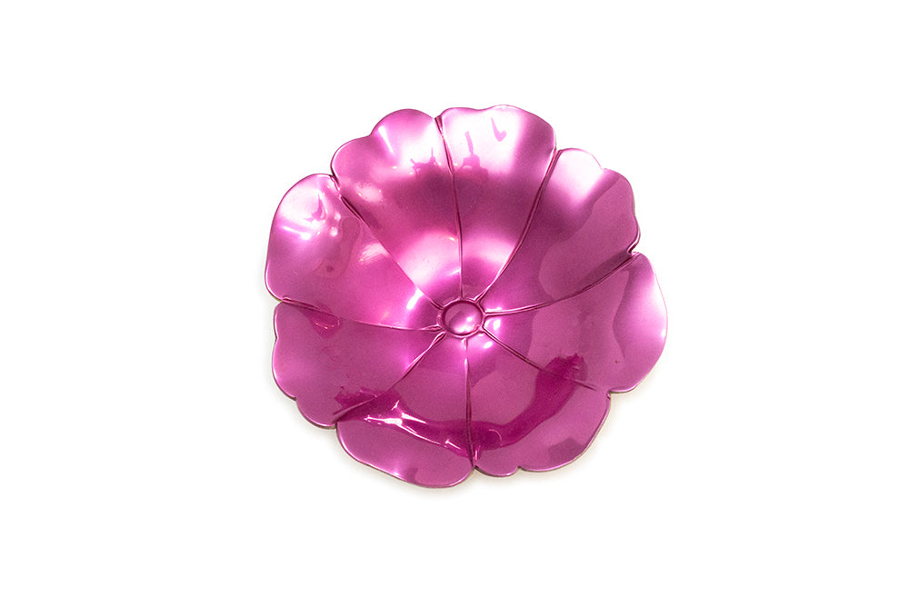 Vintage 1930s McClelland Barclay fuchsia pink flower-shaped decorative bowl with a glossy, reflective finish, Shown from a top-down view on a white background.