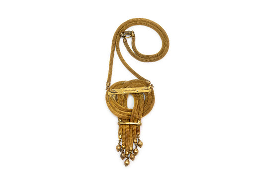 back view shows "McClelland Barclay" mark on vintage goldtone mesh necklace