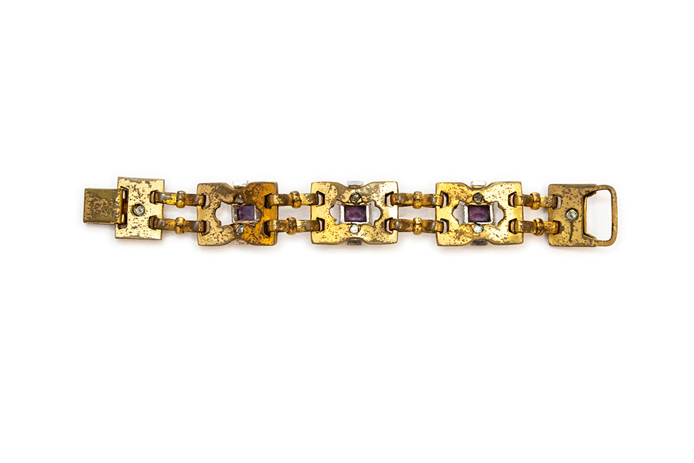 back view of McClelland Barclay gold plated with purple and clear rhinestone bracelet made between 1938 - 1943 by Rice-Weiner Co.