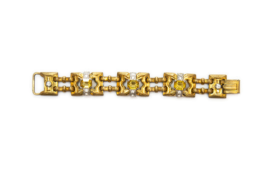 vintage late Art Deco McClelland Barclay gold plated with yellow and clear rhinestones bracelet