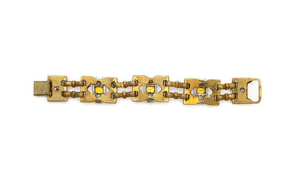 back view of McClelland Barclay gold-plated rhinestone bracelet made in the late 1930s