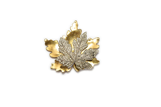 Large version of McClelland Barclay gold-plated and diamante maple leaf brooch made in 1940 by Rice-Weiner & Co.