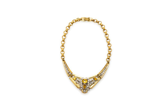  vintage McCLELLAND BARCLAY Art Deco gold plated with yellow and clear rhinestones necklace made by Rice-Weiner Company in the late 1930s