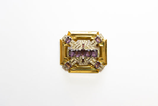 McCLELLAND BARCLAY Art Deco gold plated square brooch with purple and clear rhinestones made in the late 1930s