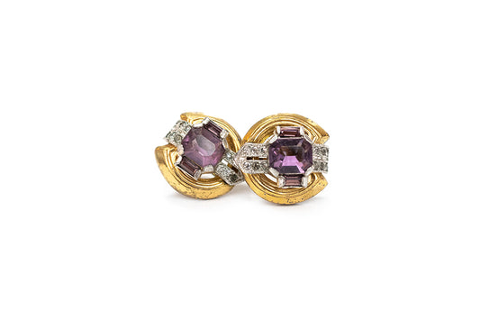 MCCLELLAND BARCLAY Art Deco gold plated purple and clear rhinestone screwback earrings