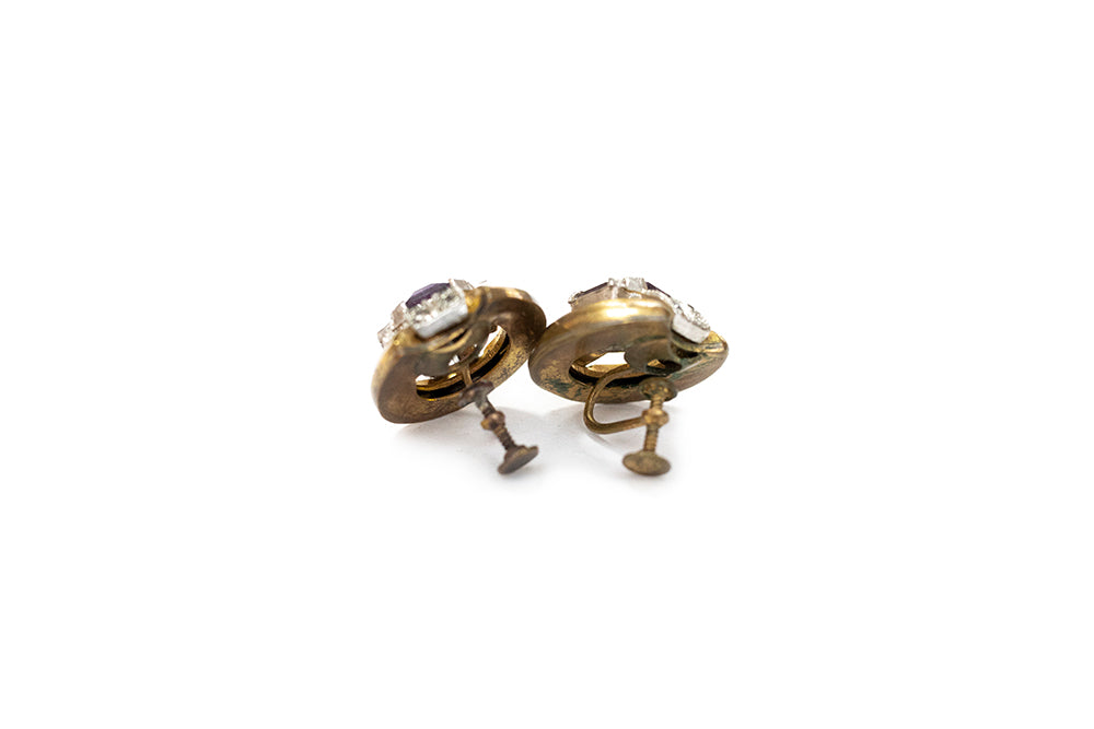 back view of MCCLELLAND BARCLAY Art Deco gold plated purple and clear rhinestone screwback earrings