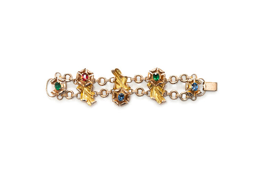 McClelland Barclay gold-plated oak leaf and rosette chain link bracelet with multi-color rhinestones