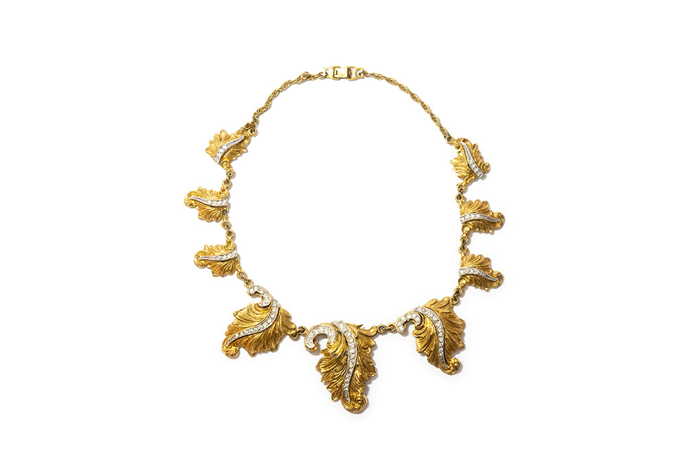 McCLELLAND BARCLAY Gold Plated Acanthus Leaf and Rhinestone Necklace