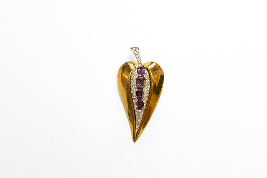 Vintage McClelland Barclay gold-plated heart-shaped leaf brooch with purple and clear rhinestones