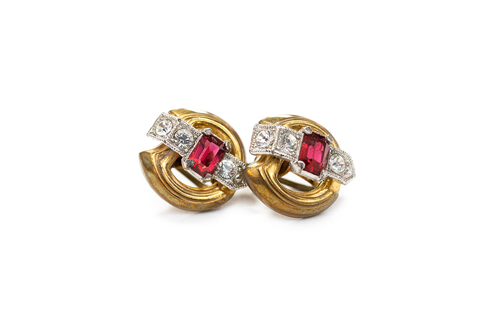 Gold-plated round earrings with red and clear rhinestones
