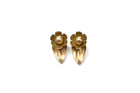 McClelland Barcaly vintate gold plated sterling vermeil flower bud and heart-shaped leaf clip on earrings