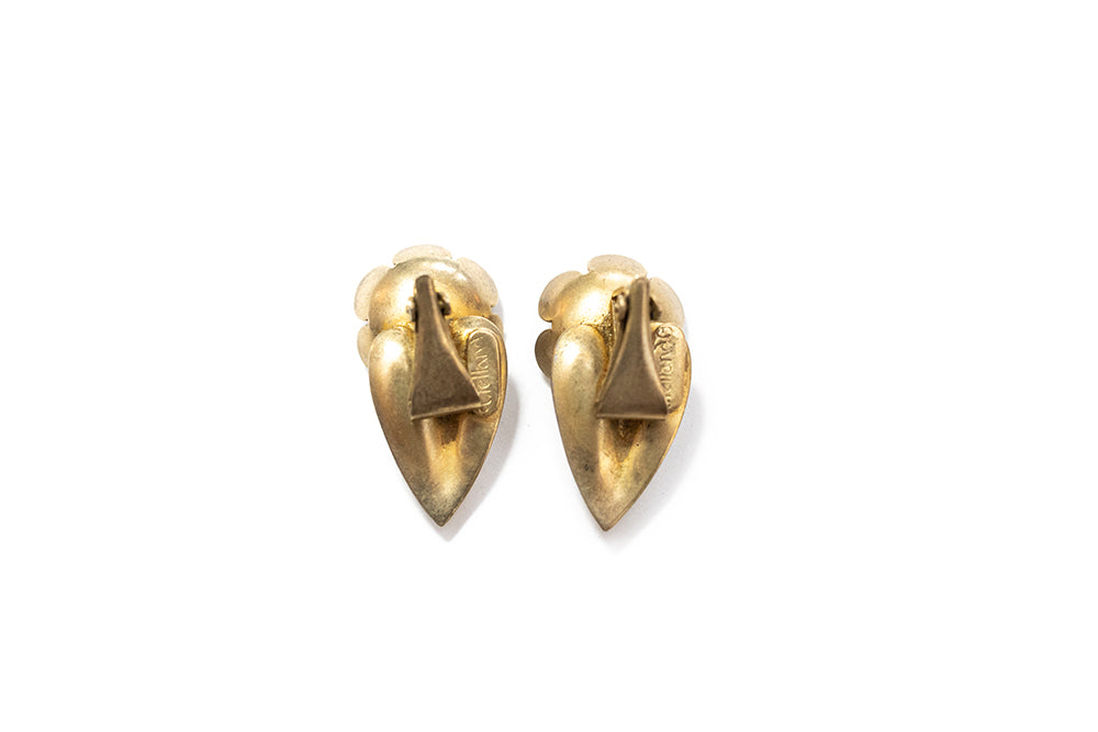 back view pair of McClelland Barclay signed gold plated sterling vermeil flower bud and leaf earrings showing clip on style