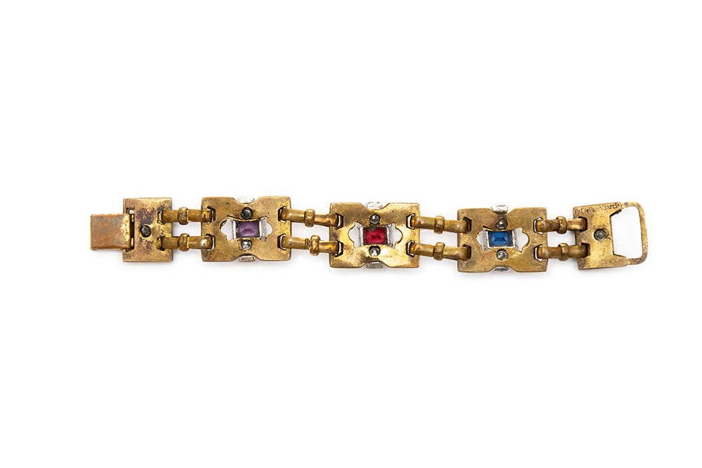 Back view of McClelland Barclay gold-plated link bracelet with multi-color and clear rhinestones