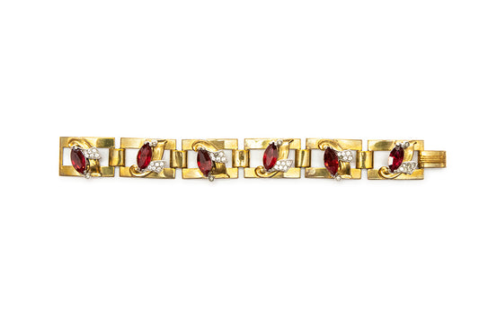 Vintage 1930s McClelland Barclay gold-plated link bracelet with red marquise cut rhinestones with small clear rhinestone accents