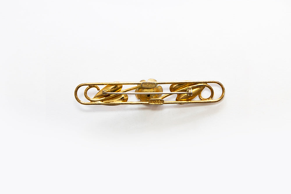 back view showing maker's marks McClelland Barclay Sterling vermeil flower and leaves bar pin or brooch from the late 1930s