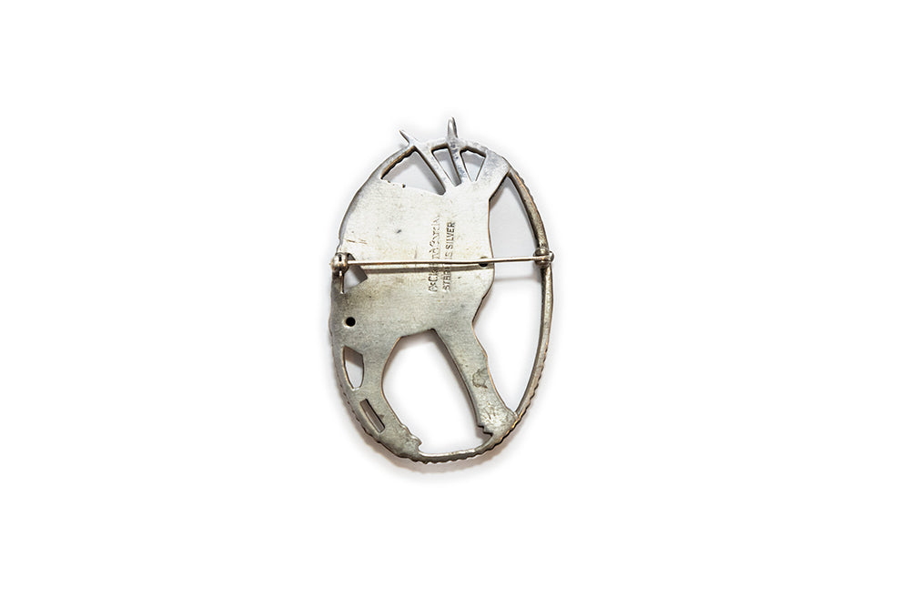 back view of framed deer brooch has maker marks "McClelland Barclay STERLING SILVER"