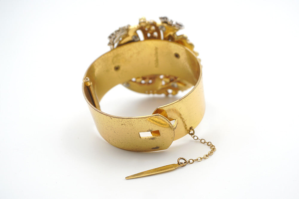 gold plated chain and dagger-shaped pin secures this rare McClelland Barclay cuff bracelet