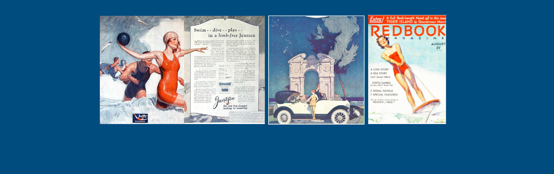 Vintage summer themed paintings by artist McClelland Barclay for Jantsen swimwear and National Motor Car, and an August cover for Redbook Magazine - all from the 1920s and 30s ©PatriciaGostick
