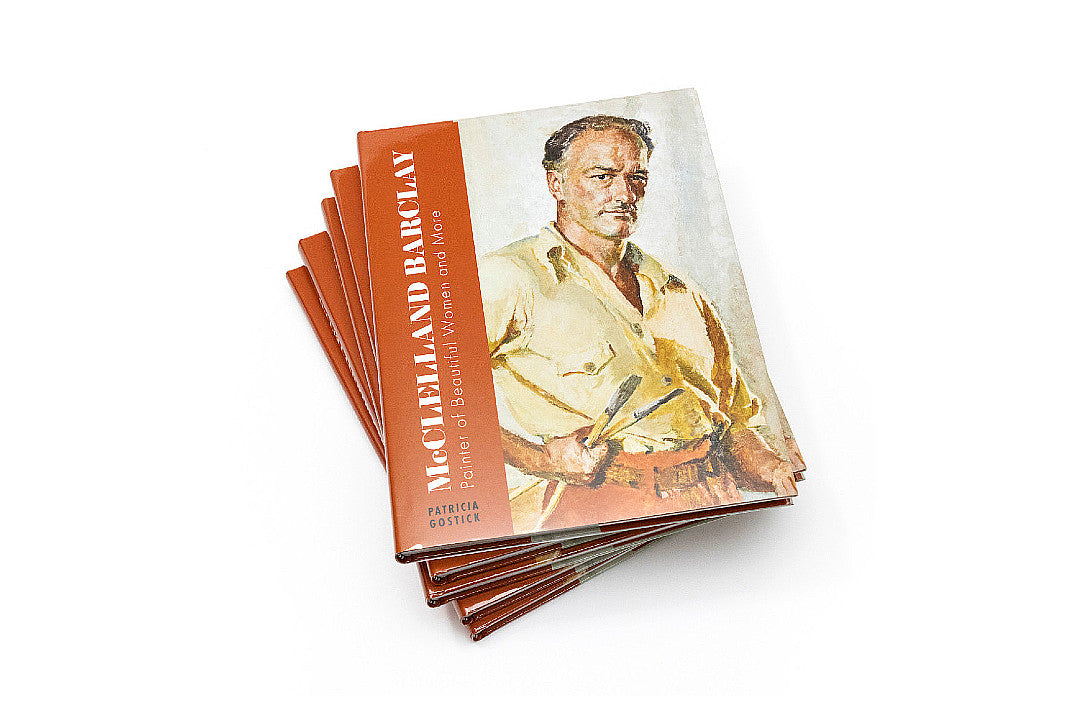 A stack of the illustrated artist's biography, McClelland Barclay: Painter of Beautiful Women and More by Patricia Gostick showing the self-portrait on the dust jacket