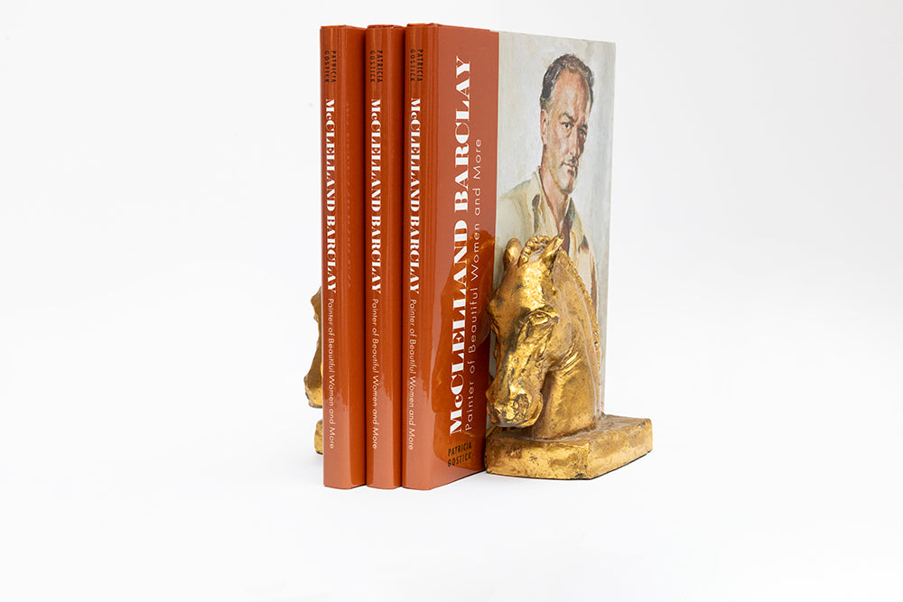 McClelland Barclay Art Products gold plated horsehead bookends from the 1930s support the new illustrated biography of the Art Deco era artist