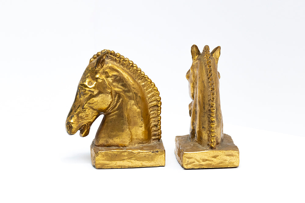 side view McCLELLAND BARCLAY pair of gold plated horse head bookends