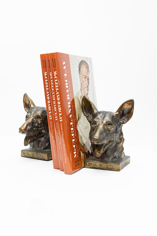 Buddy, the original seeing eye dog, bronze metal bookends are by McClelland Barclay Art Products Inc. from the 1930s and support the new illustrated biography of the Art Deco era artist