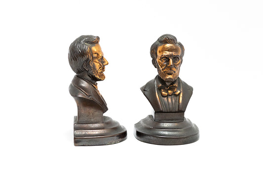 Pair of Bronze Plated Abraham Lincoln Bookends by McClelland Barclay Art Products Inc. of New York from the 1930s, front and profile views