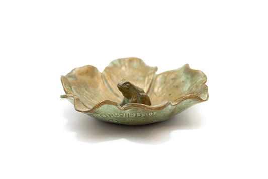 Bronze and green metal flower dish with frog made in the 1930s by McClelland Barclay Art Products Inc.