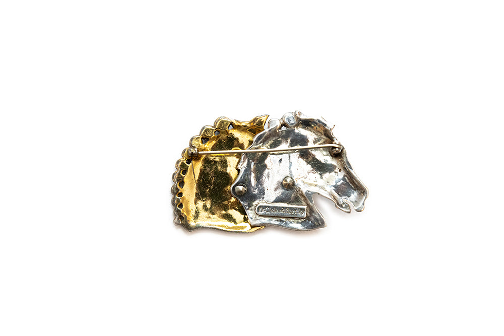 back view of McClelland Barclay Art Deco rhodium and gold plated double horse head brooch