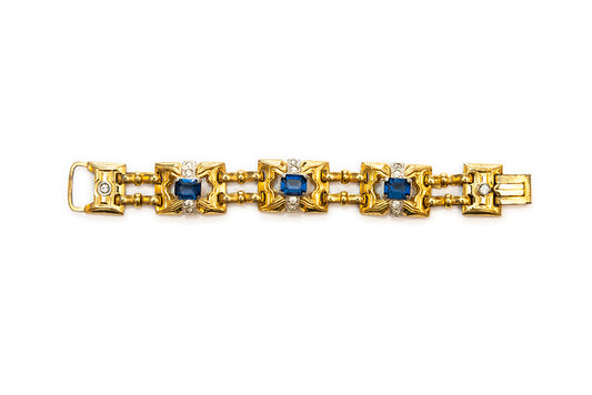 late Art Deco McClelland Barclay gold plated with blue and clear rhinestone bracelet