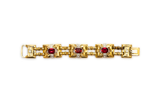 late Art Deco McClelland Barclay gold plated with red and clear rhinestones bracelet