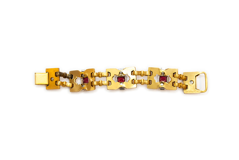 back view of McClelland Barclay Art Deco gold plated with red rhinestones bracelet