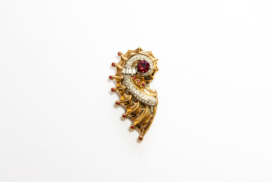 McClelland Barclay 1940s Art Modern spiral dress clip with red rhinestones, clear baguettes and clear pavé rhinestones