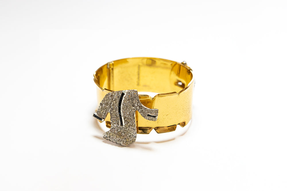 McCLELLAND BARCLAY Art Moderne Gold Plated with Pavé Rhinestones and Blue Accents Cuff Bracelet
