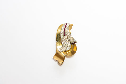 McCLELLAND BARCLAY Art Moderne Gold Plated with Pavé Rhinestones and Red Accents Dress Clip