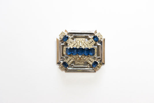McClelland Barclay late Art Deco rare silvertone brooch with square or emerald-cut blue rhinestones